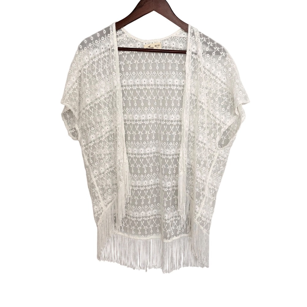 Hollister Lace Kimono Cardigan One Size White Fringe Boho Sheer Coverup